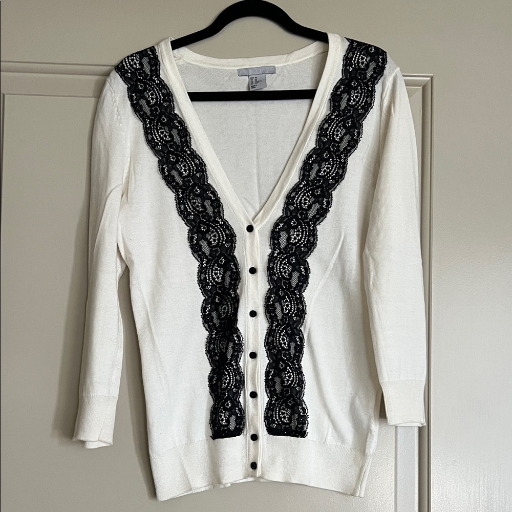 H&M White Cardigan with Black Lace Trim